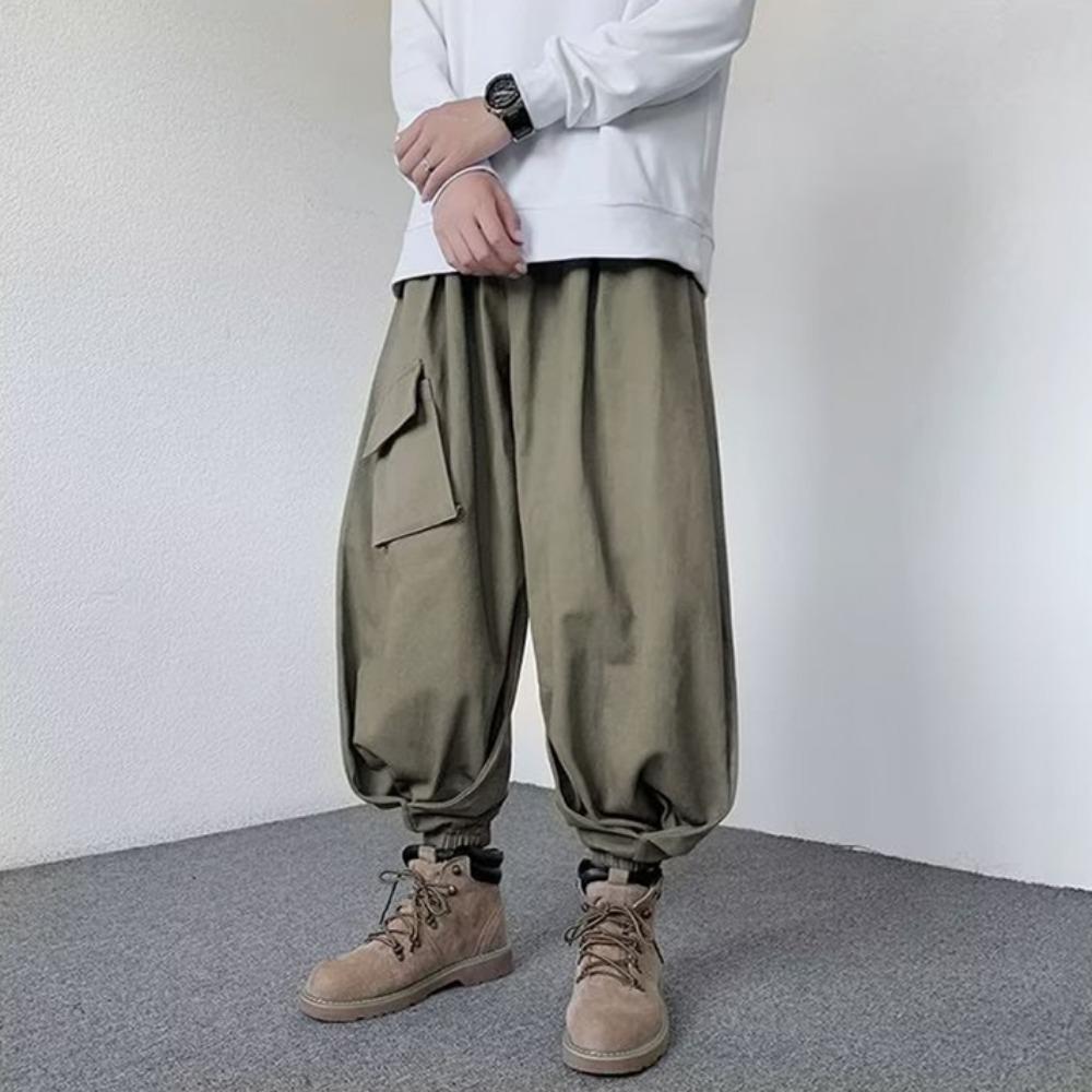 

Japanese Streetwear Men s Solid Color Pocket Drawstring Jogger Pants Casual Hip Hop Straight Pants Retro Wide Leg Cargo Pants M
