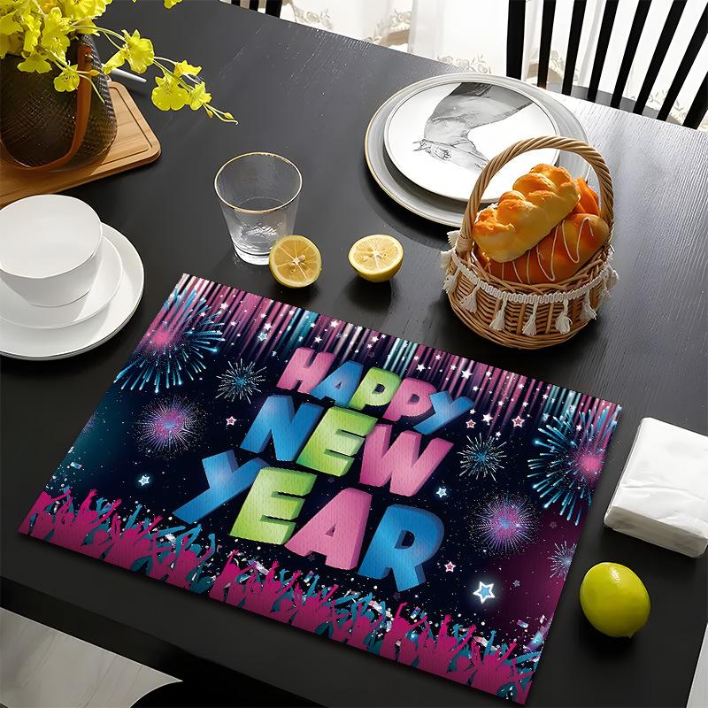Frohes Neues Jahr Tischsets Baum Muster Tischsets Hitzebeständige Leinen Tischsets für Esszimmer- und Küchendekoration für Feiertagsmahlzeiten, Zusammenkünfte, Partytisch