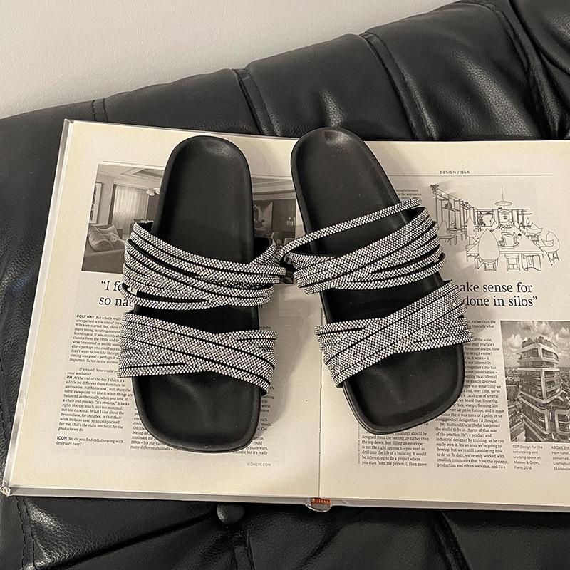 Rhinestone Cool Slippers Open-toed Flat-bottomed Roman One-word Slippers Women's 2025 Summer New Strap Versatile Casual Rhinestones