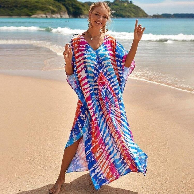 Colorful Printed Boho Beach Kaftan Dress Women Plus Size Maxi Summer Cover Up Rayon Bathing Suit