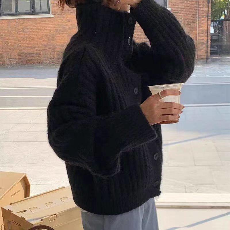 Winter High-neck Pit Strip Soft Waxy Single-breasted Thick-knit Cardigan, Warm, Loose, Simple and Lazy Style Thick Sweater Women