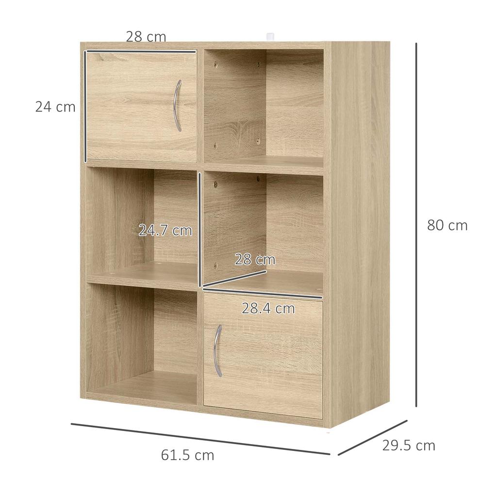 Wooden Bookcase Shelf, Multipurpose Cabinet with 3 Shelves 4 Compartments and 2 Doors, 61.5x29.5x80cm