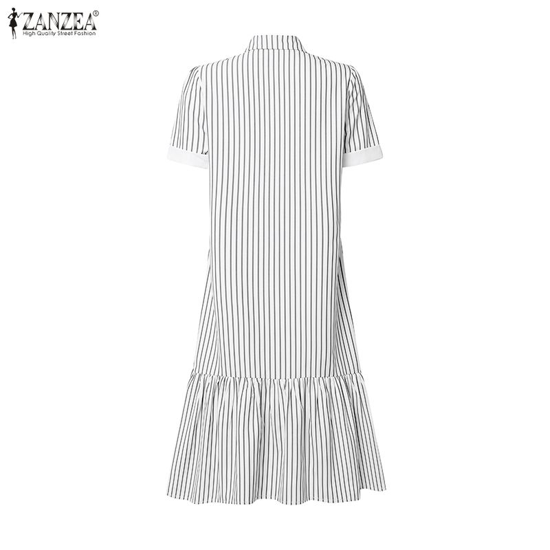 ZANZEA Women Elegant Casual Turn Down Collar Short Sleeve Loose Stripe Dress