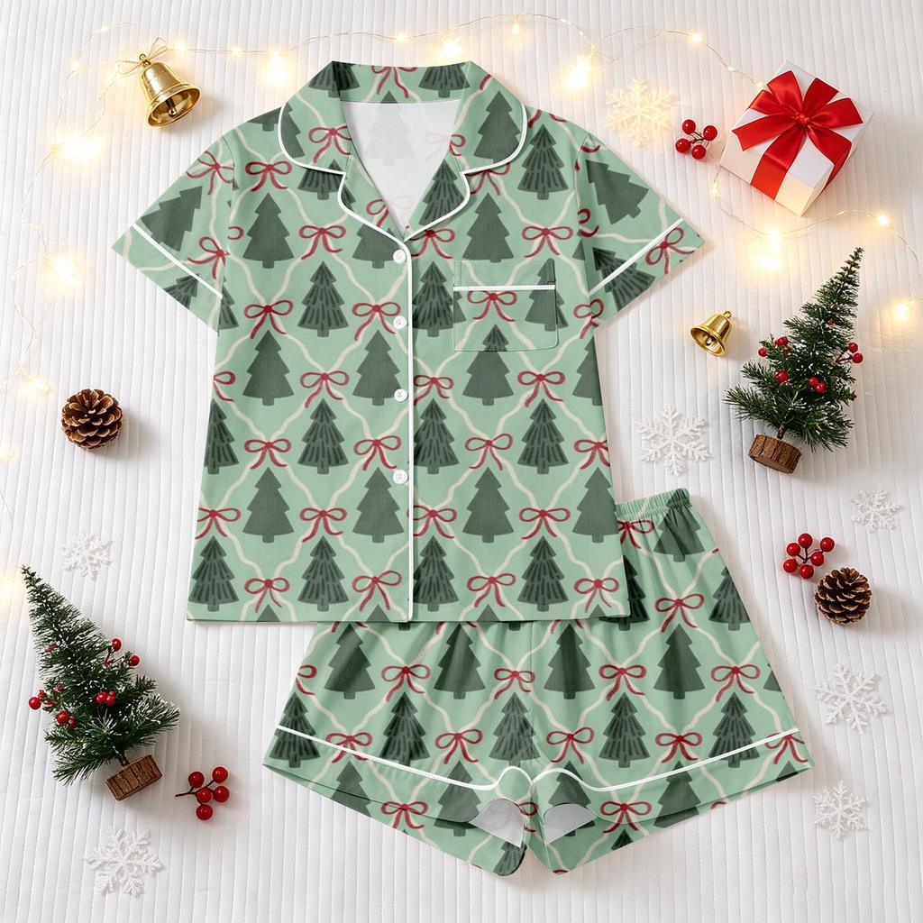 Women's Christmas Pajama Set with Short Sleeve Button Down Shirt and Pajama Shorts