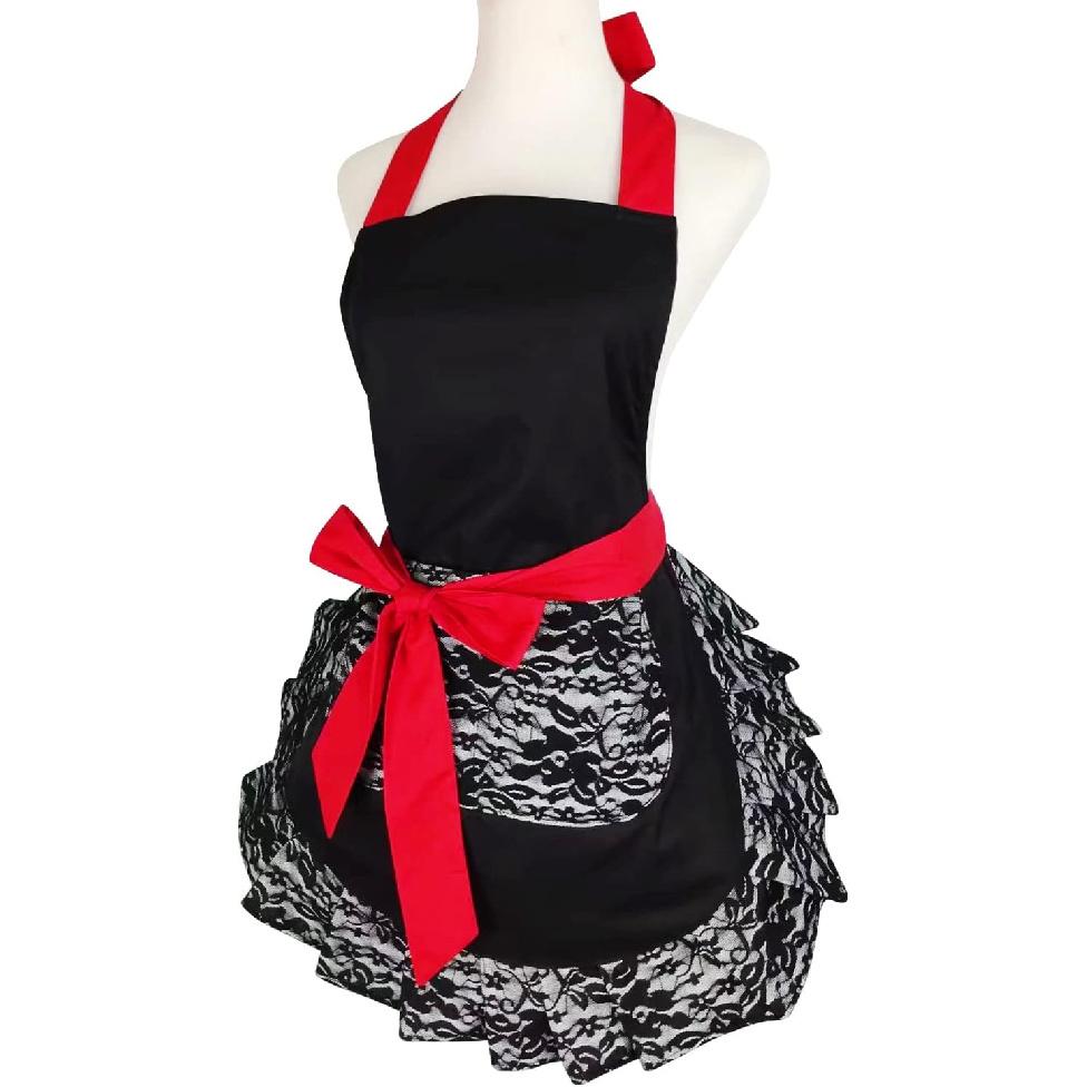 Black Lace Flirty Apron with Pocket, Fun Retro Sexy Cooking Pinup Aprons for Women Girls