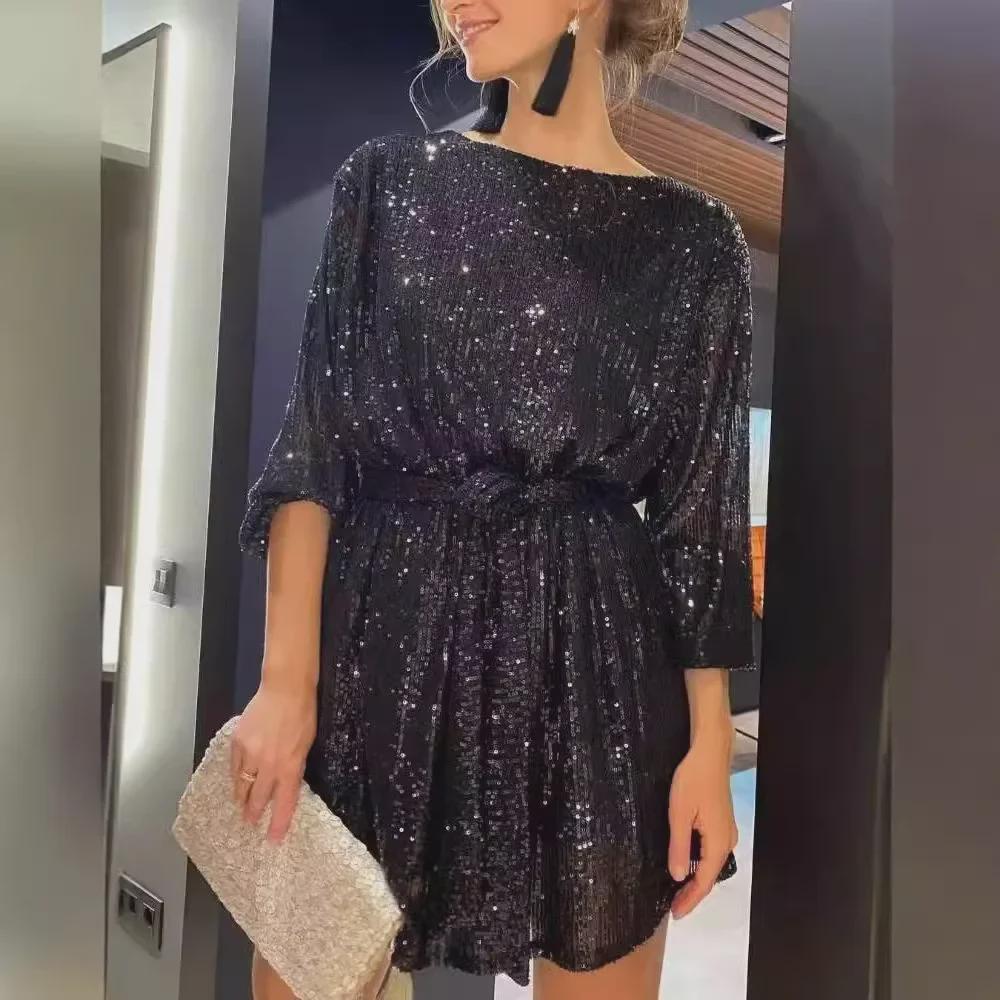 "Vestido de Lentejuelas Brillantes para Fiesta de Vacaciones Europea y Americana 2025"