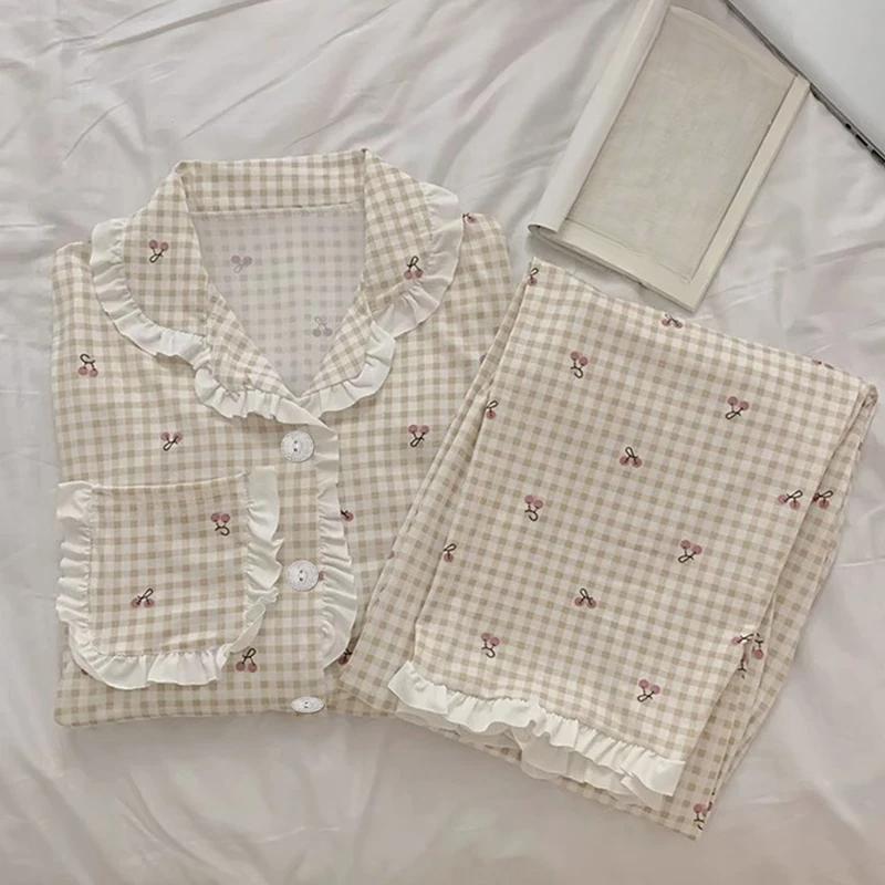 Korean Casual Style Women's Pajamas Set Lace Button Design Lapel Neck Pajamas for Women New Cherry Sweet Cute Print Sleepwear