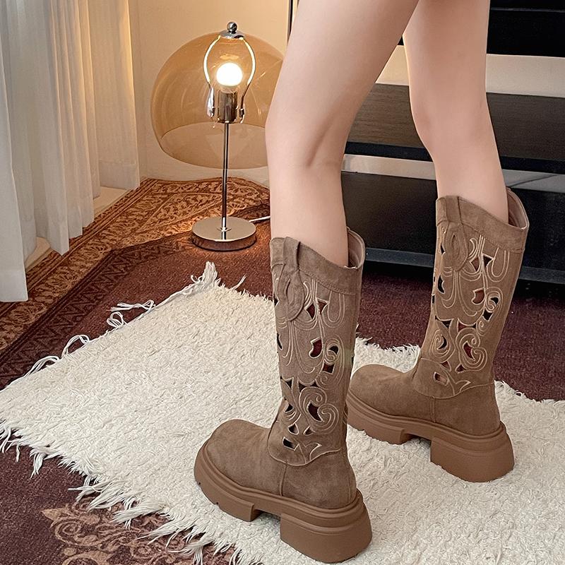 Fashion AVintage Hollow Out Women Western Cowboy Boots Fashion Slip On Thick Bottom Shoes Spring Autumn Knight Botas