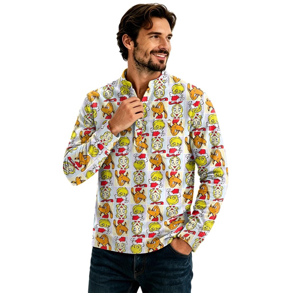 Top casual bărbătesc, croială largă, cu imprimeu de Crăciun și buzunar