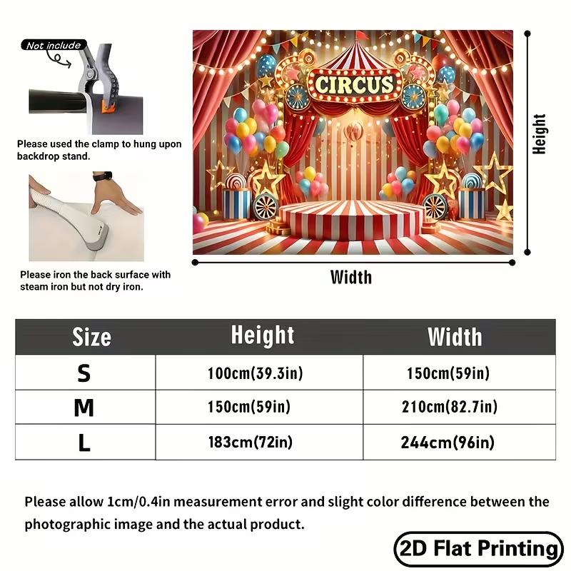 2D Circus Stage Background, Red Striped Tent with Platform & Balloons Themed Backdrop