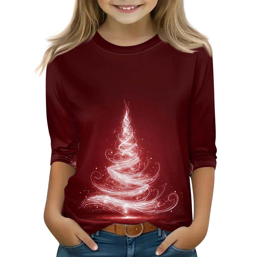 Christmas Day Print Tops For Youth Girls 4-11 Years Round Neck 3/4 Sleeves T-Shirts Trendy Tops Outfit Tees