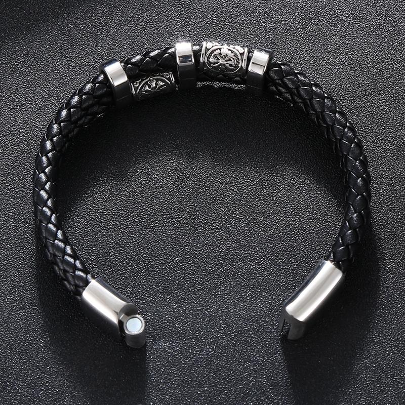 Neues Edelstahl Lederseil Armband Nordische Wikinger Serie Doppellagig Gewebtes Leder Herrenarmband