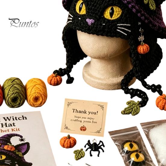 DIY Animal Hood Hat Halloween Crochet Kit, Skull Spider Bat Beginner Friendly Yarn Kit Spooky Pumpkin Earflap Craft for Adults Teens, Autumn