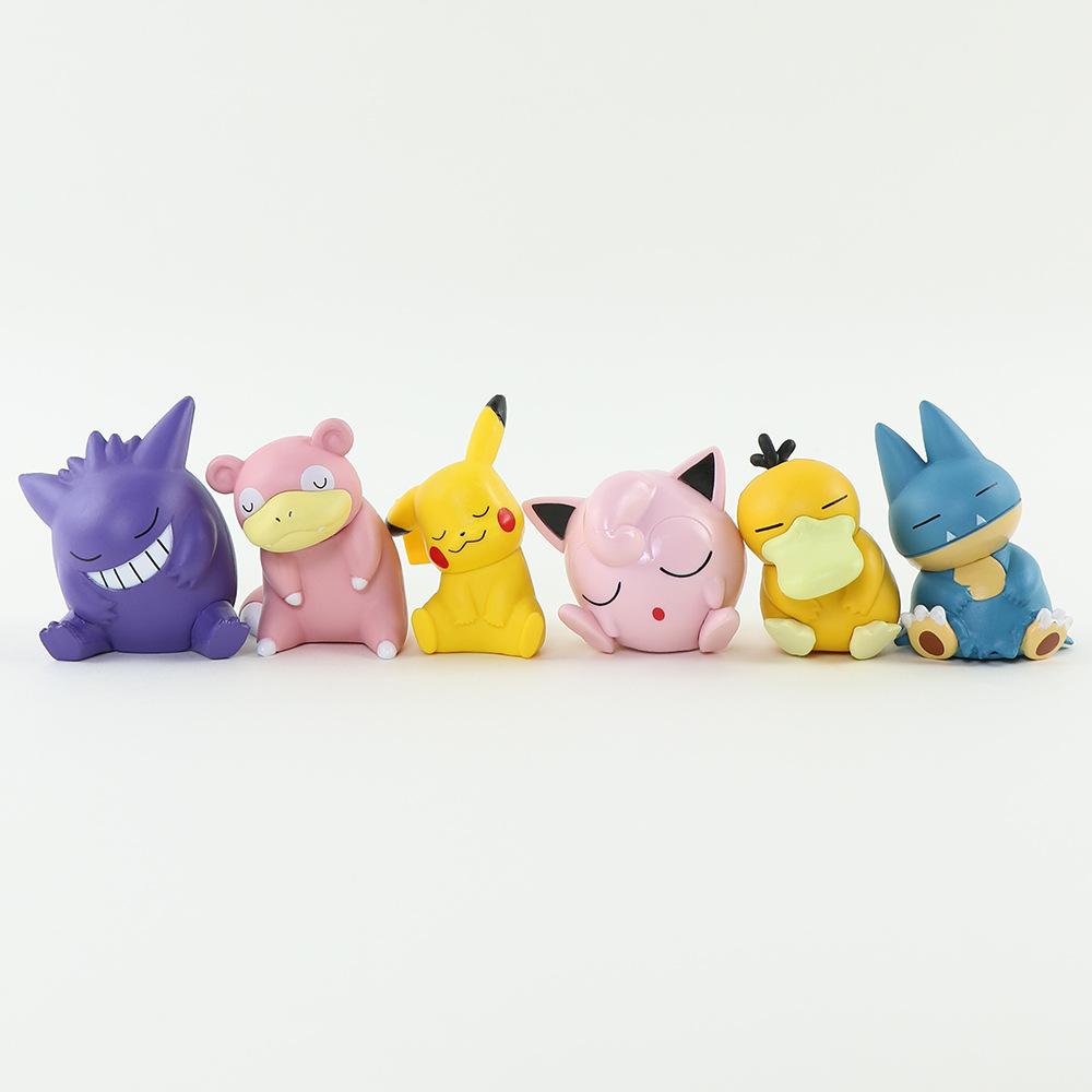 Fashnics Pokemon 6Pcs/Set Pikachu Psyduck Gengar Jigglypuff Gonbe Slowpoke Shoulder To Shoulder Sleep Cute Model Doll Action Figure Toys
