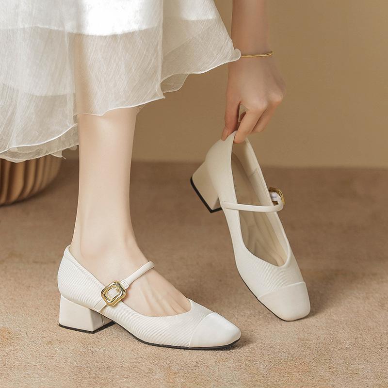 Shallow single shoes women's spring new French square head thick heel Mary Jane shoes women's burgundy high-heeled single shoes