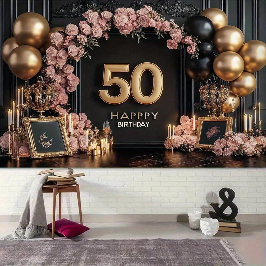 Elegant 50th Birthday Party Background - "Happy Birthday" Design Roses Candles and Balloons Birthday Party Decorations