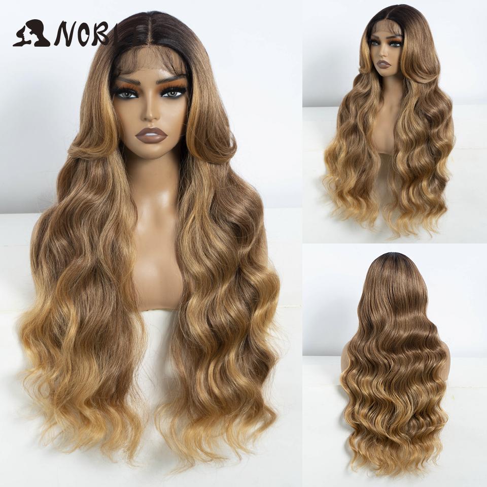 Noble Synthetic Lace Front Wigs For Women 30" Long Body Wave Lace Wig Ombre Brown Blonde Highlight Heat Resistant Cosplay Wigs