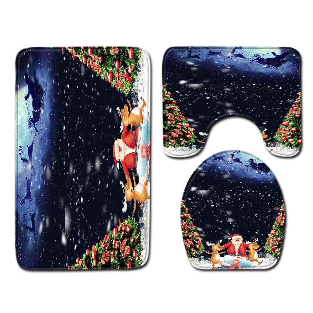 Christmas Shower Curtain Floor Mat Combination Four-Piece Set Bathroom Toilet Carpet Shower Room Mat Foot Mat