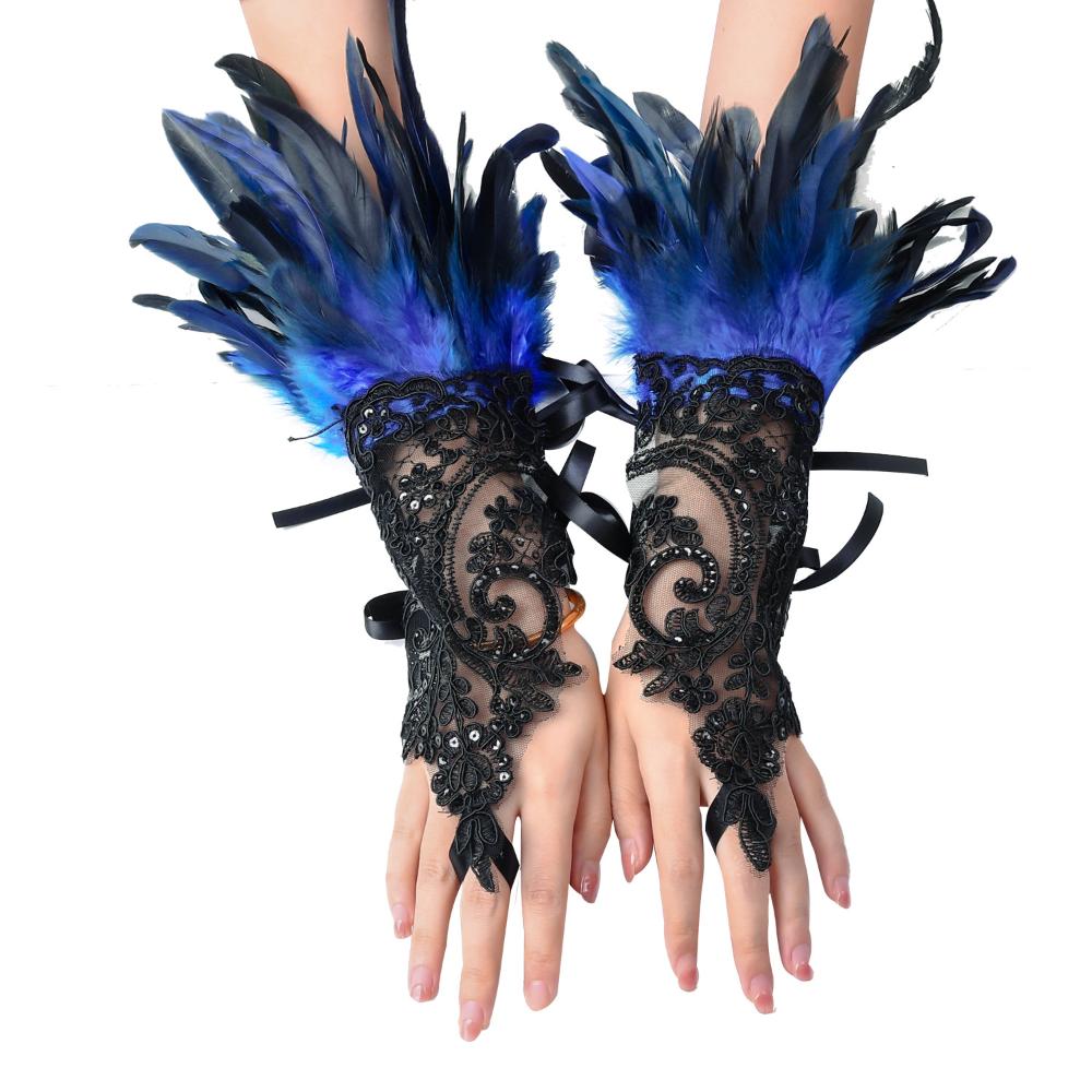 1 pair of Halloween feather fingerless gloves-black lace arm cuffs for parties and dance events