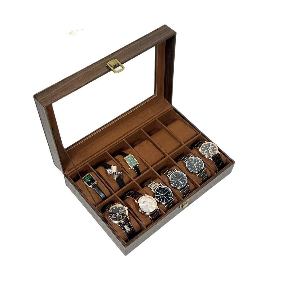 Retro Wood Grain 12-Slot PU Leather Watch Storage Box - In Stock