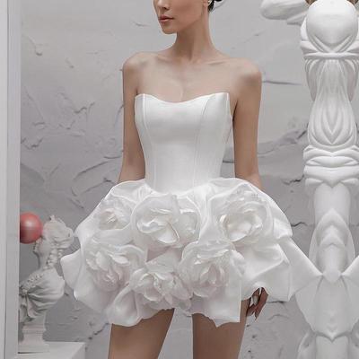 2024 Lente Witte Tube Top Avondjurk met 3D Bloemenontwerp