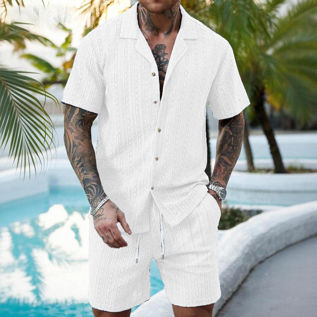 Conjunto Casual de Verão Masculino Duas Peças Camisa de Botão Manga Curta Shorts com Cordão Tecido Leve Respirável Caimento Relaxado