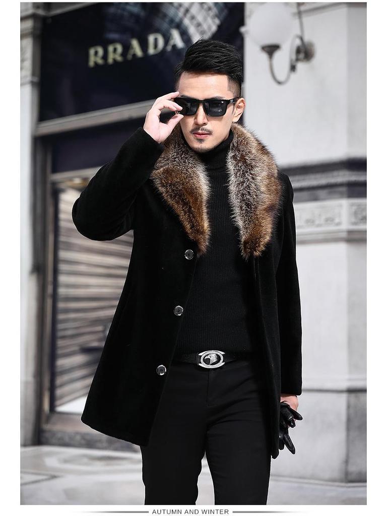Men's Wool Trench Coat with Fur Collar - Single-Breasted, Thickened, Mid-Length Woolen Outerwear.