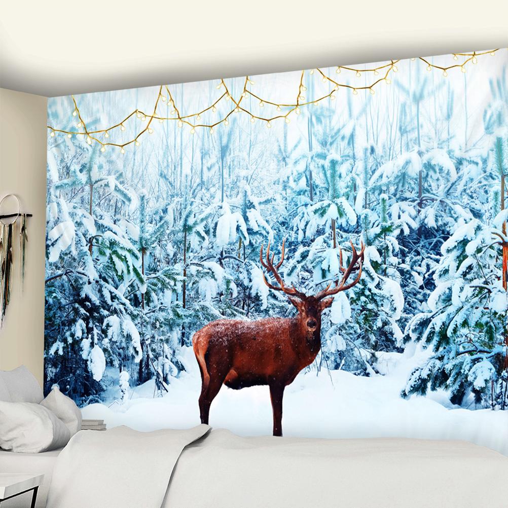 Christmas Woods Tapestry Wall Hanging Holiday Gift New Year Elk Snow Scene Psychedelic Witchcraft Home Decor