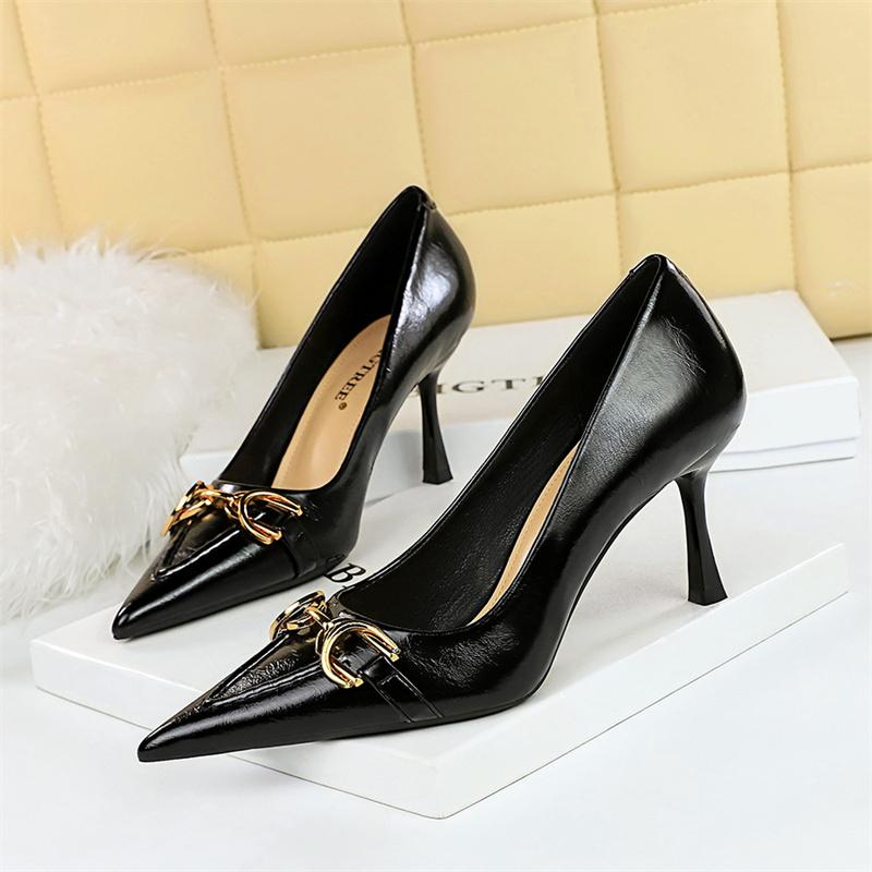 Women High Heel Stiletto Shallow Mouth Pointed Toe Wine Red Office Comfort Metal Chain Leather Wedding Prom  Party Shoes