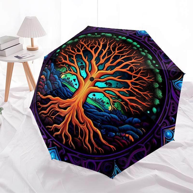 Enchanted Tree of Life Stained Window PanelUmbrella, Portable 3-Fold Compact Umbrella for Men & Women Gift
