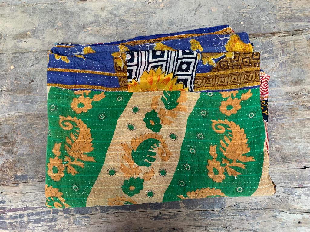 Green Floral Kantha Quilt: Vintage Indian Patchwork Throw