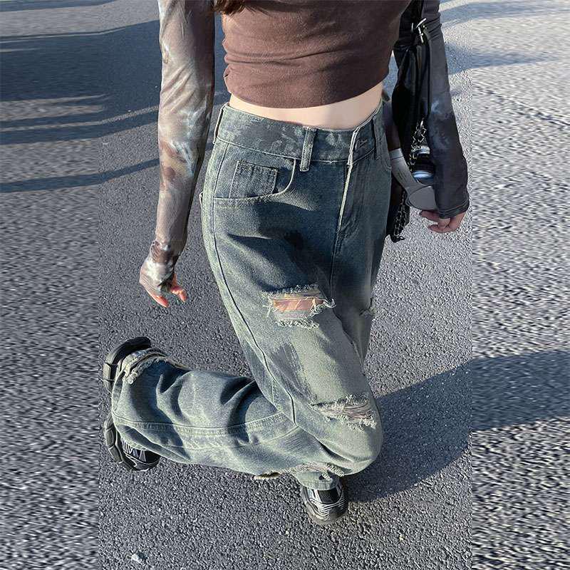 Authentic American Streetwear Women's Ripped Wide-Leg Jeans - New Cool, Loose, Slimming, Straight, Floor-Length Fit