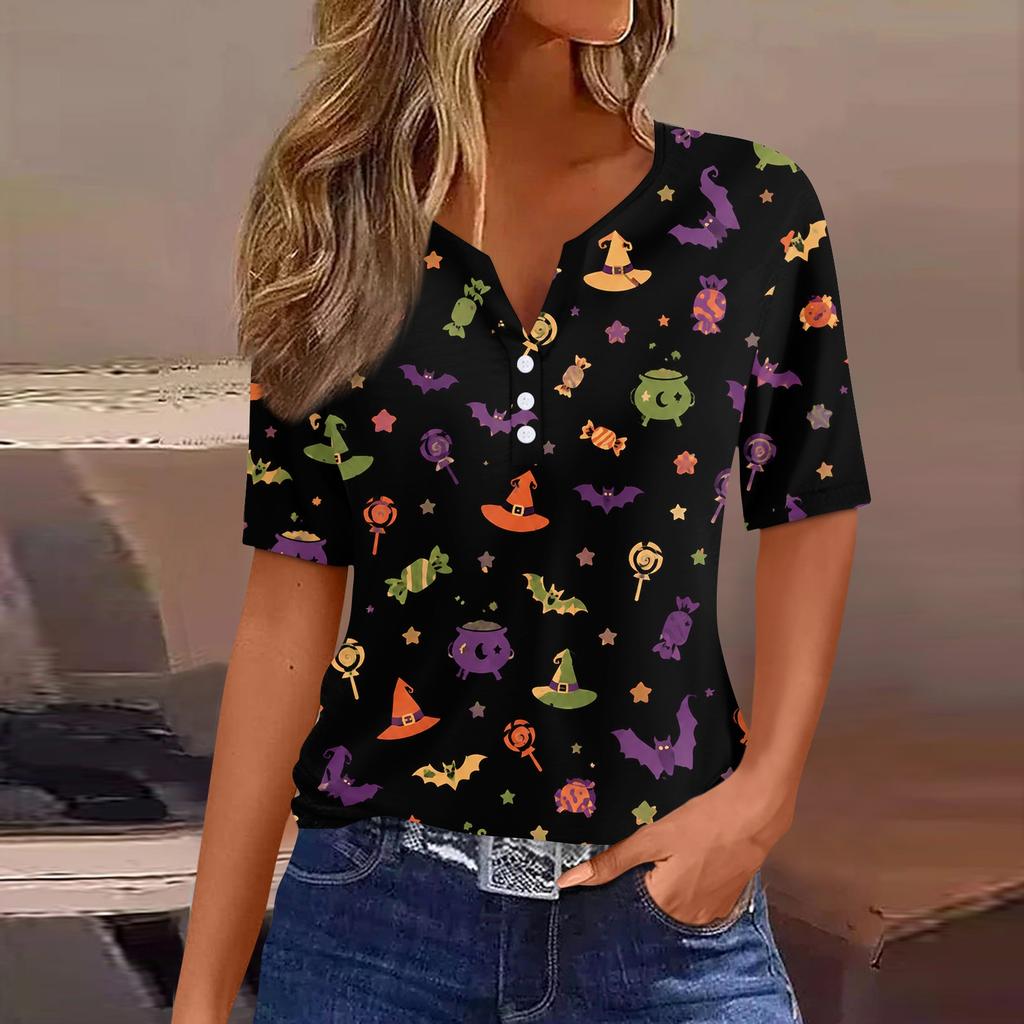 Women Casual Halloween Print V Neck Short Sleeve Button T Shirt Top Lightweight Breathable Soft Fabric Relaxed Fit