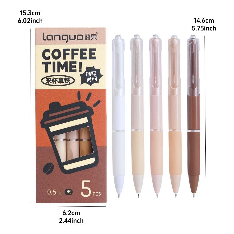 5-teiliges Gelschreiber-Set „Coffee Time“ mit Milchschaum, 0,5 mm, Kugelschreiber, schwarze Geltinte zum Schreiben im Büro oder in der Schule