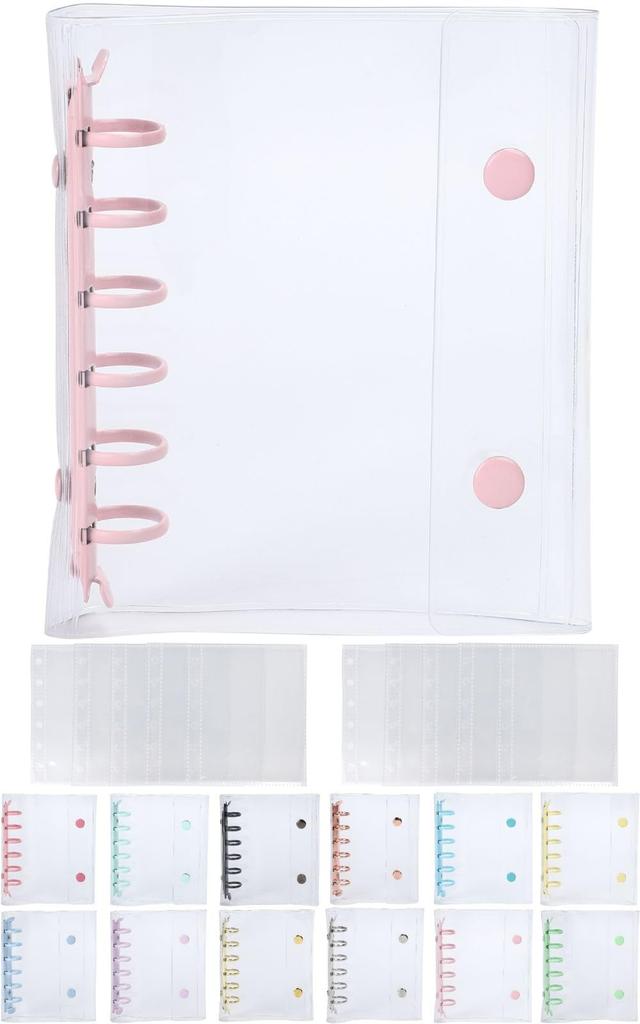 Daction Sticker Book (with 10 Refills), Removable Stickers, A7 Size, Transparent, for Girls, Boys, and Adults, 6-Ring Binder (Baby Pink)
