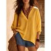Women V Neck 3/4 Sleeve Linen Cotton Blouse Loose Casual Solid Color Summer Tops