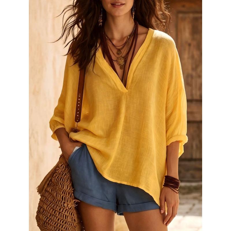 Women V Neck 3/4 Sleeve Linen Cotton Blouse Loose Casual Solid Color Summer Tops