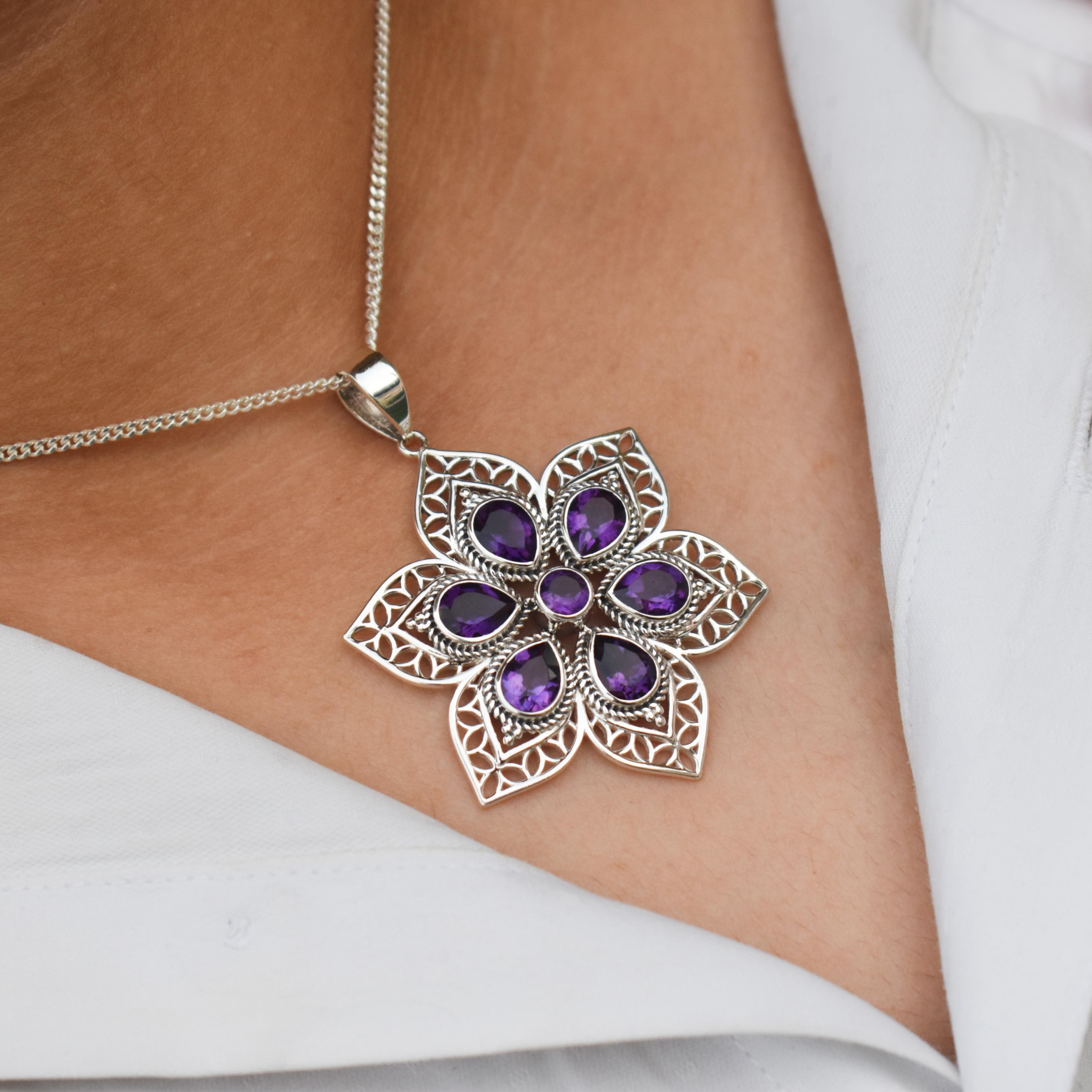 

Amethyst flower pendant 925 sterling silver anniversary gift