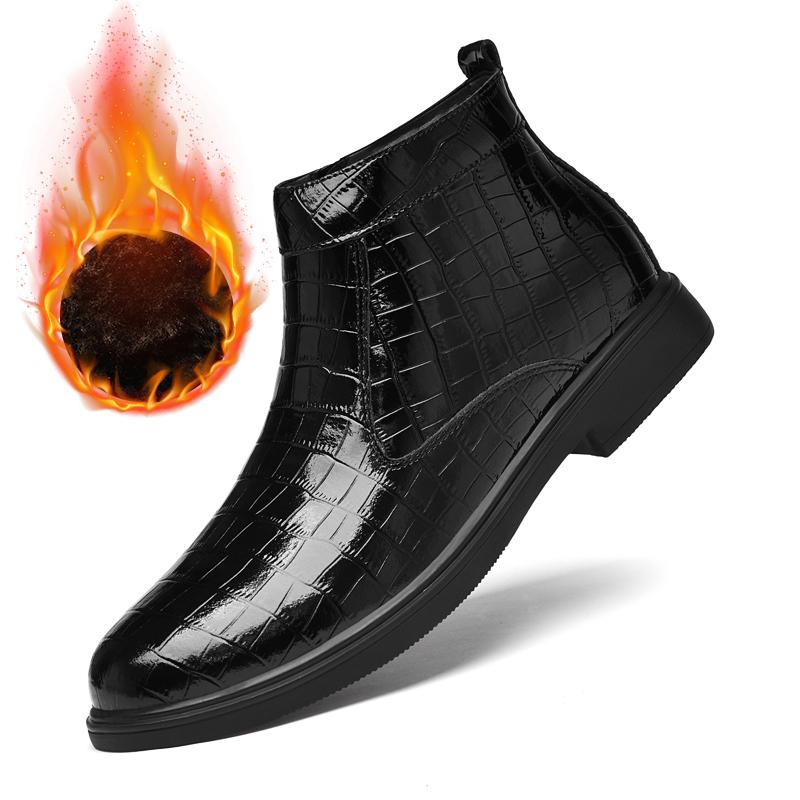 Fashion Fashionable Side Zipper Business Leather Boots Men's Quality Rubber Soles Comfort Chelsea Boots Winter Plush Warm High Top Boots