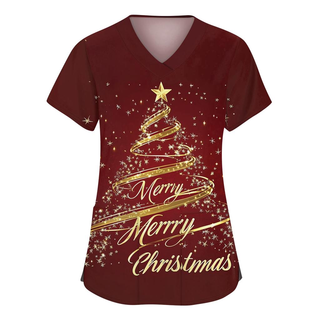 Women's Fashion V-neck Short Sleeve Workwear With Pockets Christmas Printed Tops
