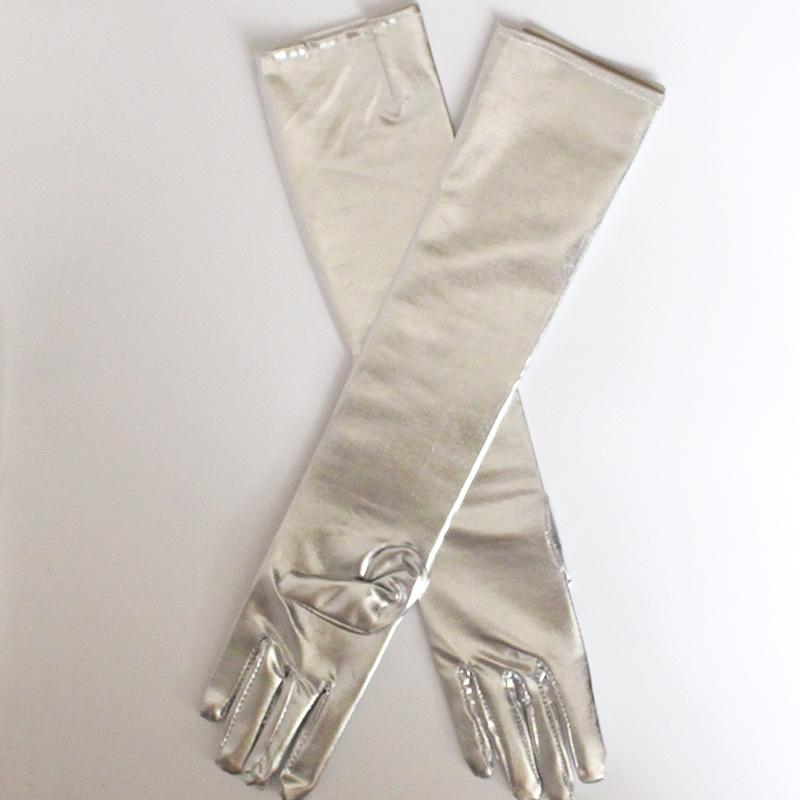 Shiny Gold and Silver Patent Leather Long Gloves for Stage Performance