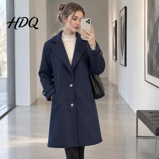 Long Sleeve Casual Jacket Women Fall Winter Wool Coat Notch Lapel Overcoat Coat with Pockets Single Breasted Solid Color Trench Spring