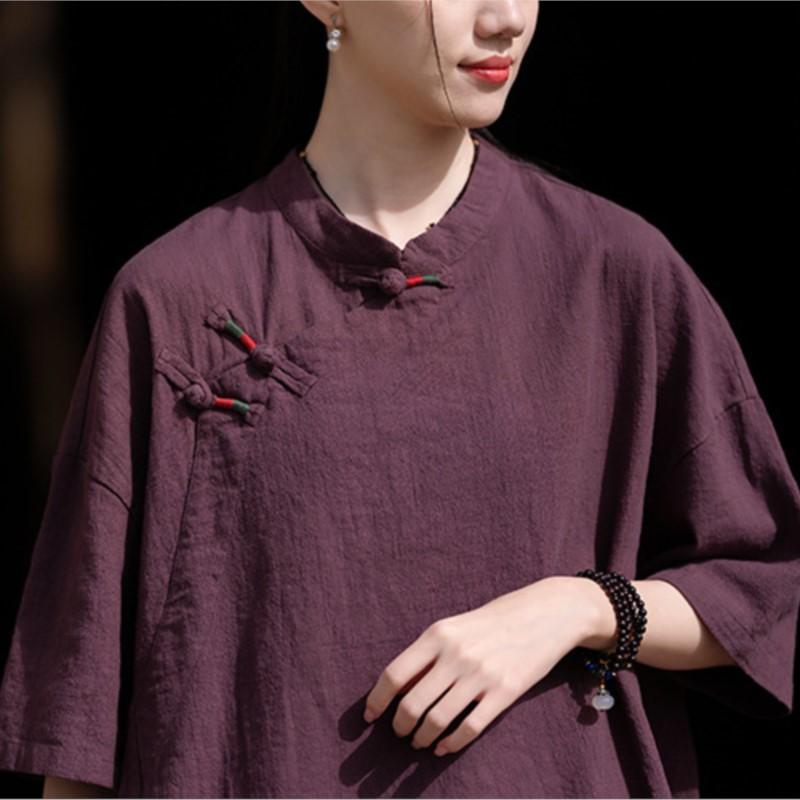 Johnature Women Chinese Style Shirts Tops Solid Color Summer Stand Button Vintage Women Shirts