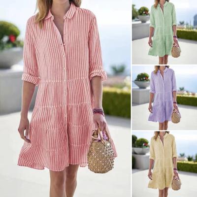 Women's Striped Button Down Shirt Dress Casual Loose Long Sleeve Tiered Swing Tunic Dress