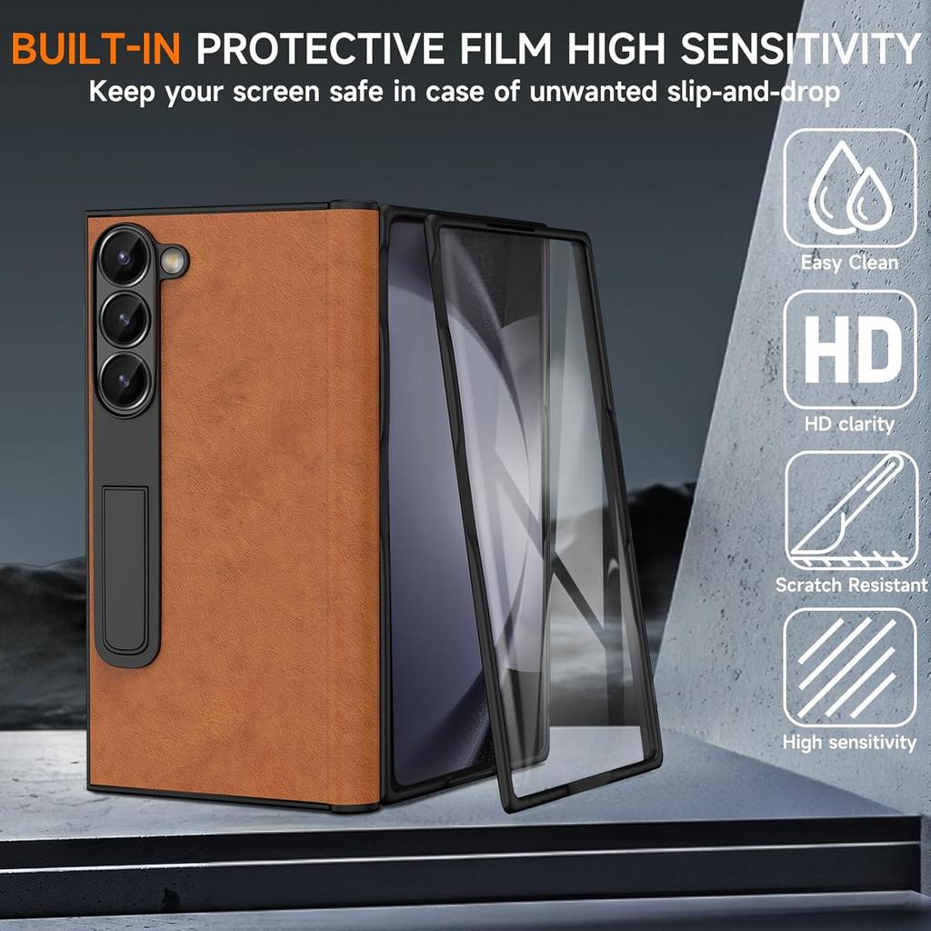 Genuine Leather for Samsung Galaxy Z Fold 6,Full Grain Leather + Hard PC Shell Ultra with Front Built-in Screen Protector,Magnetic Hinge Protection,