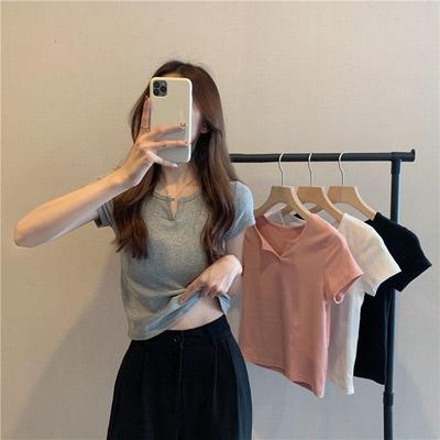 Tricou de vară slim fit cu buric expus pentru femei, cu mânecă scurtă