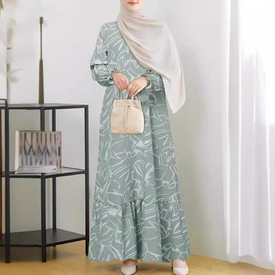 2024 Geometric Print Ruffle Dress: Long Sleeve Muslim Women's Clothing for Spring & Autumn