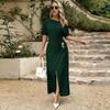 Spring and Summer Sleeveless Dress In Solid Color with A Slit, Elegant and Stylish, Fitted and With A Deep Hip Curve.