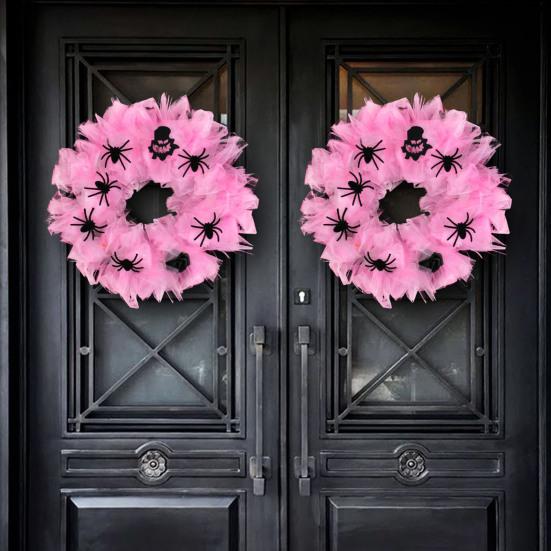 Halloween Wreath Pink Gauze Wreath with Spiders Decorative Front Door