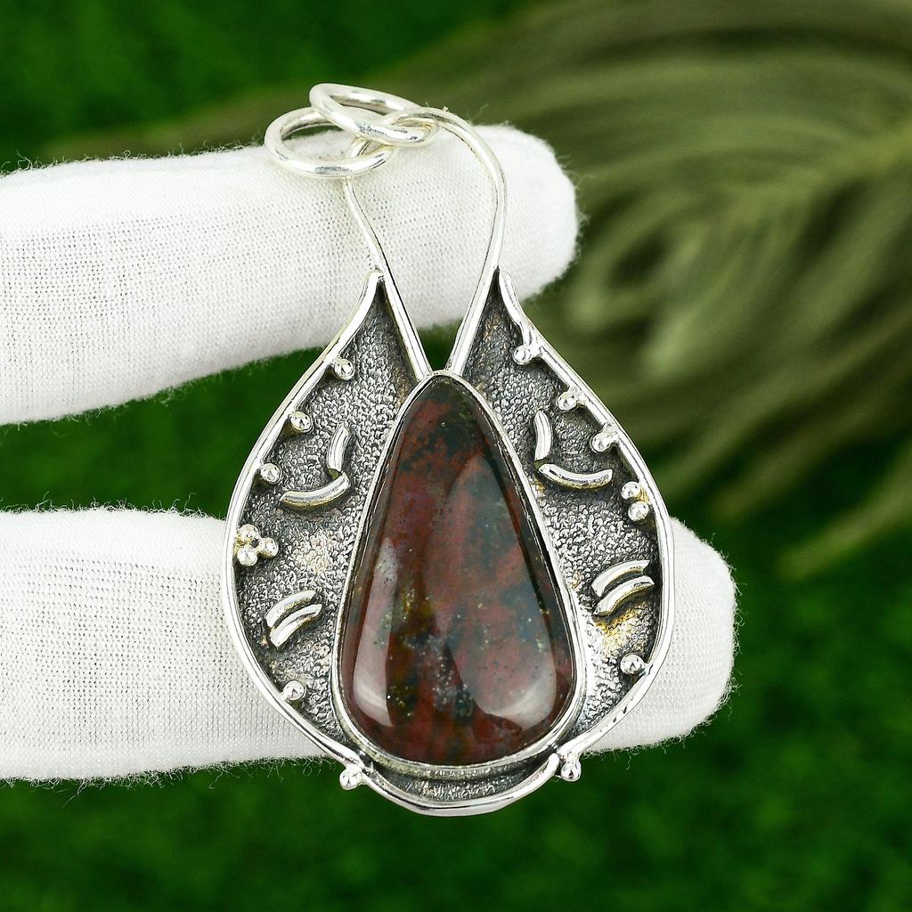 Root Chakra Pear Bloodstone Gemstone Sterling Silver Trendy Sister Boho Pendant